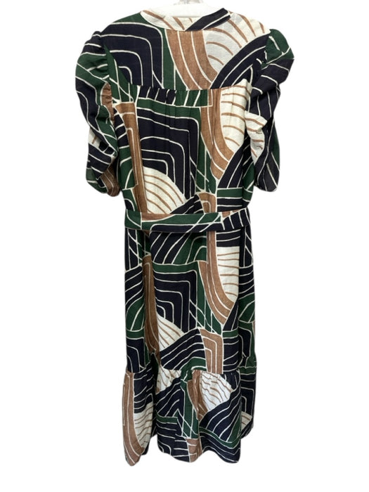 Ciebon Size XL White, Green & Black Tencel Blend Abstract V Neck Tie Belt Dress White, Green & Black / XL