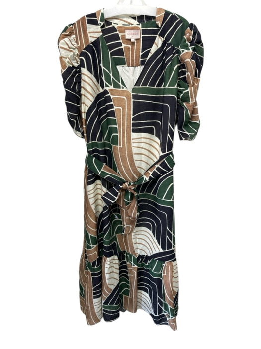 Ciebon Size XL White, Green & Black Tencel Blend Abstract V Neck Tie Belt Dress White, Green & Black / XL