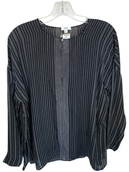 Vince Size 10 Black & White Silk Long Sleeve Pinstripe Split Neck Top Black & White / 10