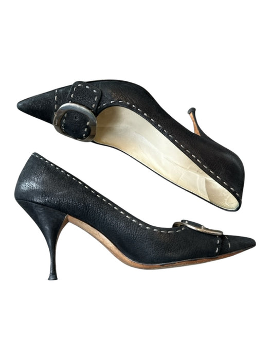 Prada Shoe Size 40 Black & Silver Leather Buckle SHW Stiletto Pointed Toe Pumps Black & Silver / 40