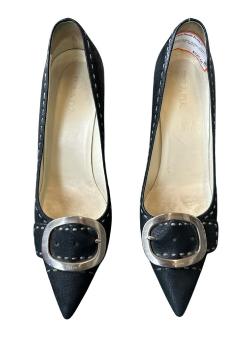Prada Shoe Size 40 Black & Silver Leather Buckle SHW Stiletto Pointed Toe Pumps Black & Silver / 40