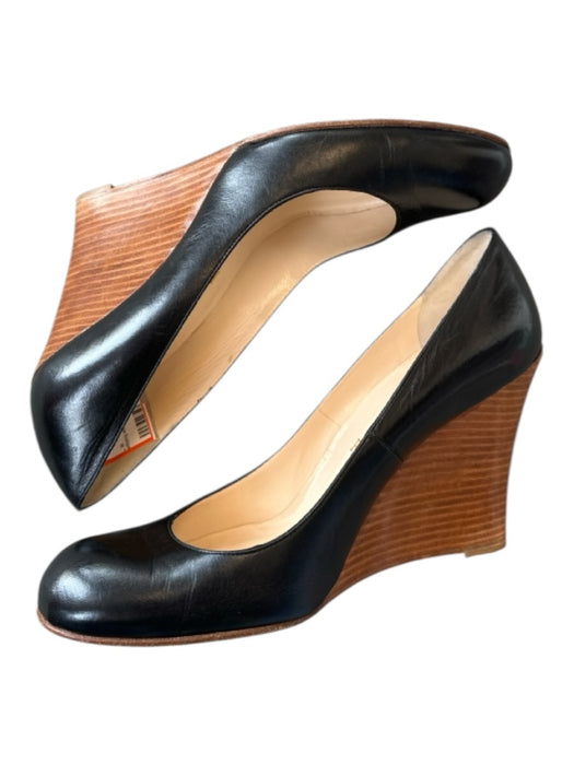 Christian Louboutin Shoe Size 41 Black & Brown Leather Wood Detail Wedge Wedges Black & Brown / 41