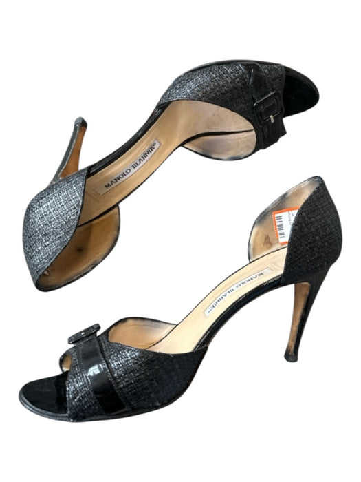 Manolo Blahnik Shoe Size 39.5 Black Raffia & Leather Stiletto Buckle Sandals Black / 39.5