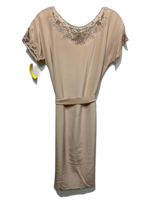 Heur de Paris Size Small Beige Silk Embroidered Sash Short Sleeve Dress Beige / Small