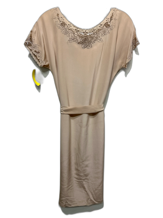 Heur de Paris Size Small Beige Silk Embroidered Sash Short Sleeve Dress Beige / Small