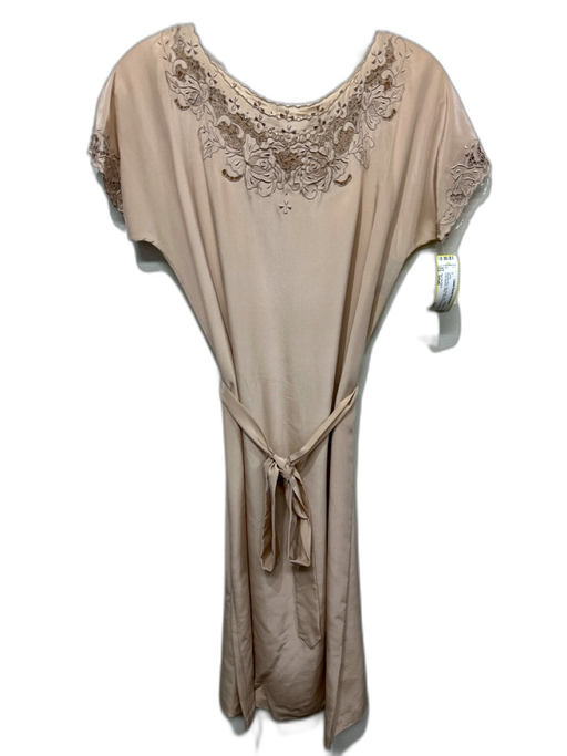 Heur de Paris Size Small Beige Silk Embroidered Sash Short Sleeve Dress Beige / Small