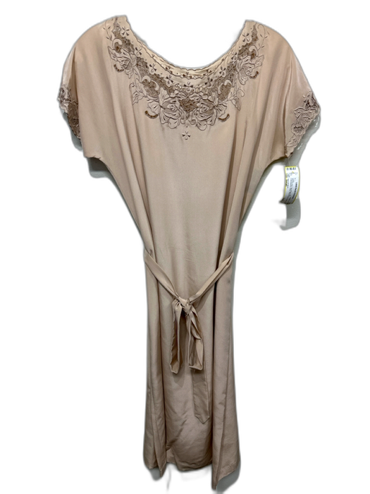 Heur de Paris Size Small Beige Silk Embroidered Sash Short Sleeve Dress Beige / Small