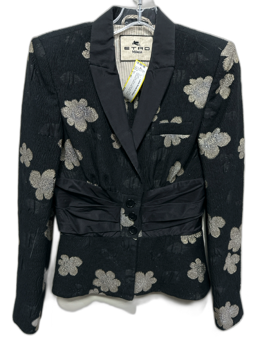 Etro Size S / 40 Black, Gold, Silver Cotton Blend Floral Jacquard Button Jacket Black, Gold, Silver / S / 40
