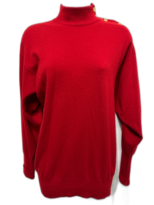 Chanel Size M Red Cashmere Turtle Neck Gold Button Detail Long Sleeve Sweater Red / M