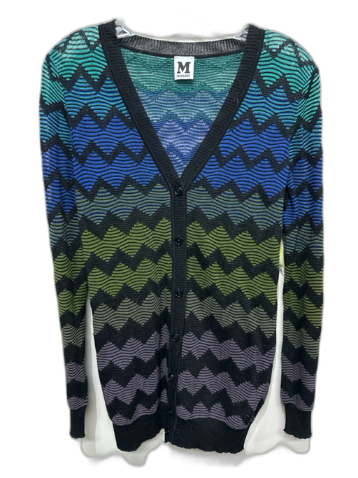 M Missoni Size 4 Blue, Green, Black Cotton Button Chevron Ribbed Detail Cardigan Blue, Green, Black / 4