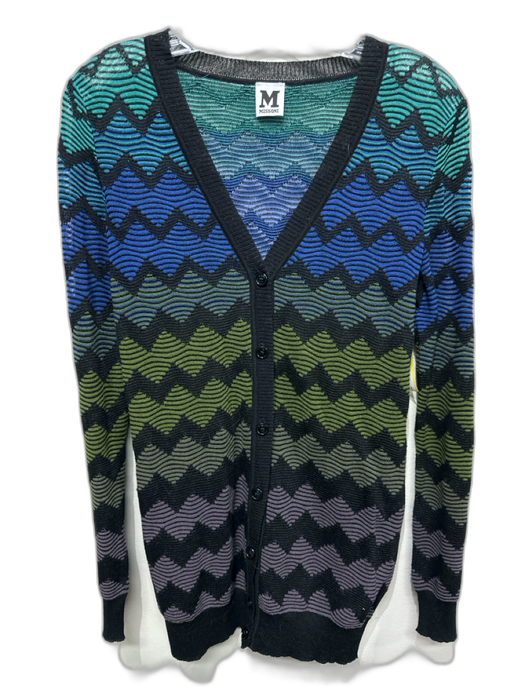M Missoni Size 4 Blue, Green, Black Cotton Button Chevron Ribbed Detail Cardigan Blue, Green, Black / 4