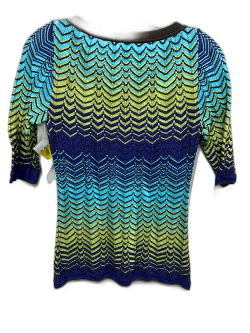 M Missoni Size S / 40 Green, Blue, Brown Viscose V Neck Ribbed Short Sleeve Top Green, Blue, Brown / S / 40