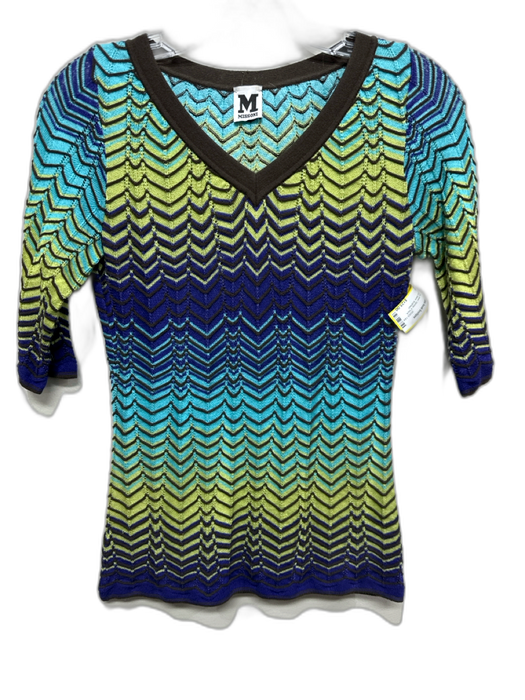 M Missoni Size S / 40 Green, Blue, Brown Viscose V Neck Ribbed Short Sleeve Top Green, Blue, Brown / S / 40