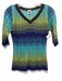 M Missoni Size S / 40 Green, Blue, Brown Viscose V Neck Ribbed Short Sleeve Top Green, Blue, Brown / S / 40