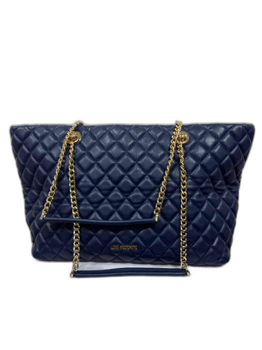 Love Moschino Navy Blue Leather Quilted Gold Hardware Zip Top Shoulder Tote Bag Navy Blue / L