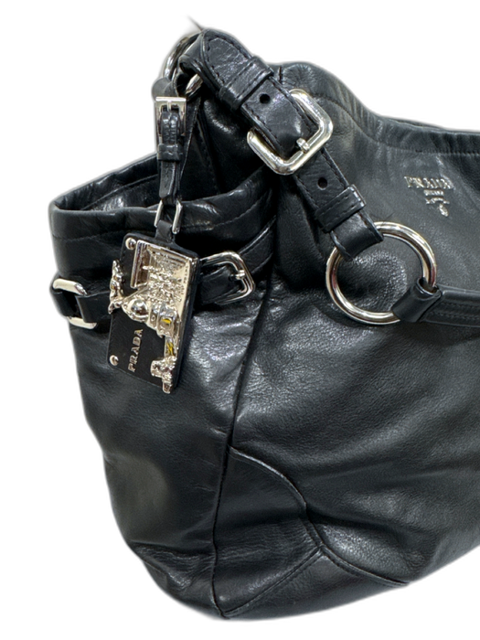 Prada Black Leather Silver Hardware Tote Side Pockets Bag Black / L