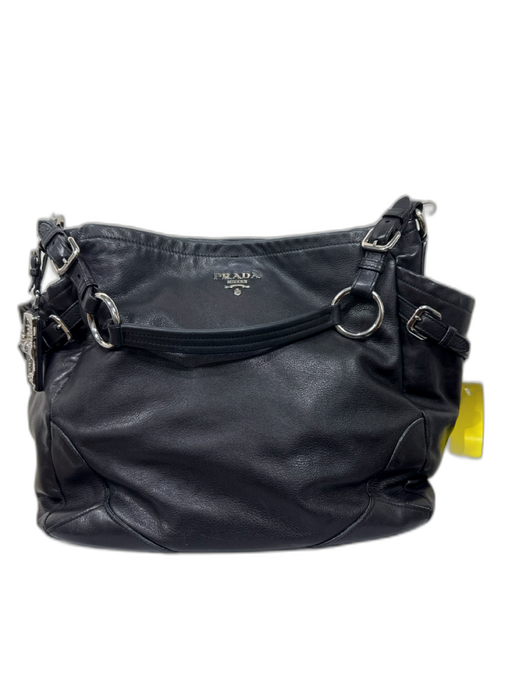 Prada Black Leather Silver Hardware Tote Side Pockets Bag Black / L