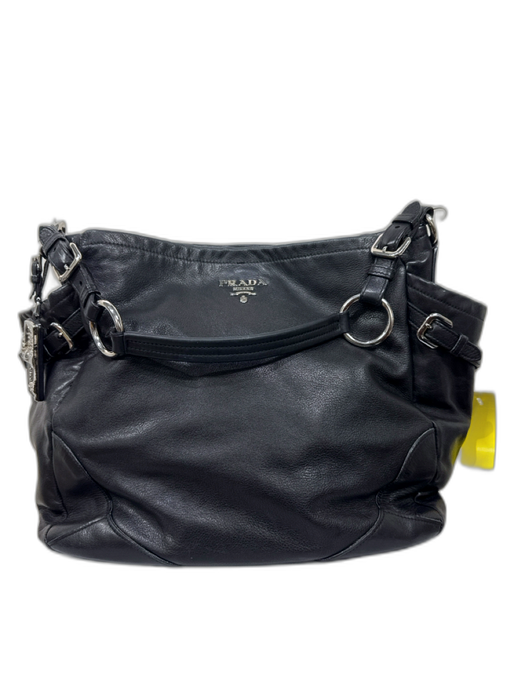 Prada Black Leather Silver Hardware Tote Side Pockets Bag Black / L