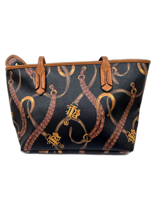 Lauren Ralph Lauren Black, Brown, Gold Coated Canvas & Leather Chain Print Bag Black, Brown, Gold / M