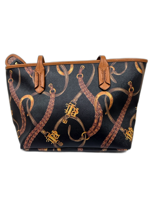 Lauren Ralph Lauren Black, Brown, Gold Coated Canvas & Leather Chain Print Bag Black, Brown, Gold / M