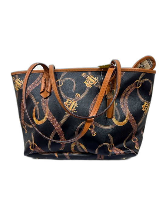 Lauren Ralph Lauren Black, Brown, Gold Coated Canvas & Leather Chain Print Bag Black, Brown, Gold / M