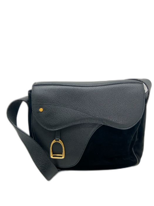 Gucci Black Leather & Suede Gold hardware Stirrup Crossbody Strap flap Bag Black / M