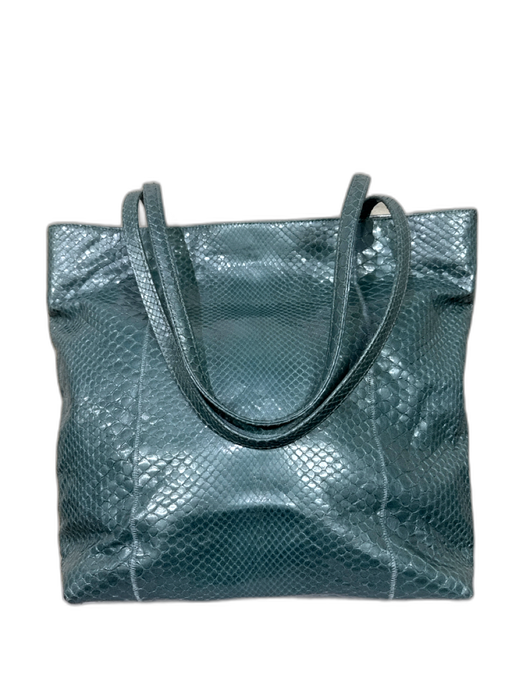Carlos Falchi Metallic Blue Python Leather Tote Two Top handle Open Top Bag Metallic Blue / M