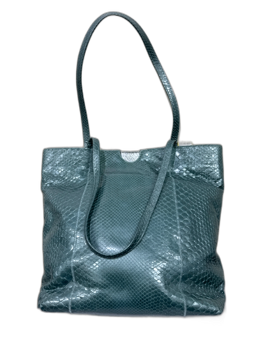 Carlos Falchi Metallic Blue Python Leather Tote Two Top handle Open Top Bag Metallic Blue / M