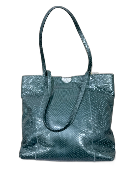 Carlos Falchi Metallic Blue Python Leather Tote Two Top handle Open Top Bag Metallic Blue / M