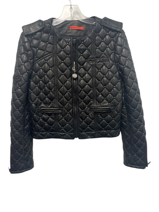 Alice + Olivia Size S Black Lamb leather Quilted Studded Zip Jacket Black / S