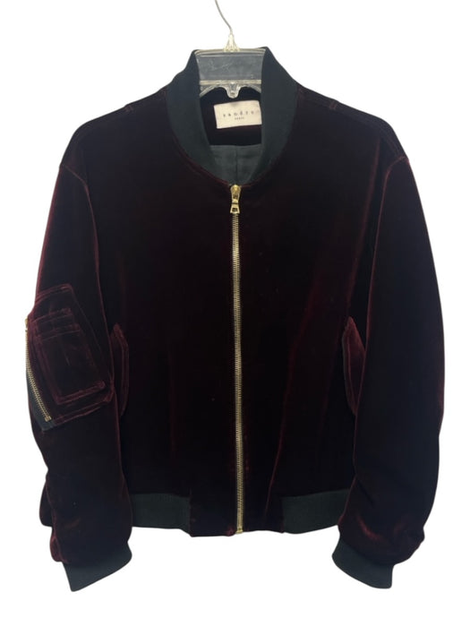 Sandro Size 3 / L Burgundy & Black Polyester Blend Velvet Zip Bomber Jacket Burgundy & Black / 3 / L