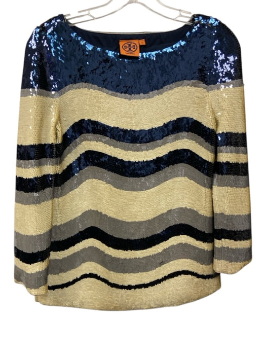 Tory Burch Size XS Blue & Cream Polyester Blend Sequin Stripe boat neck Top Blue & Cream / XS