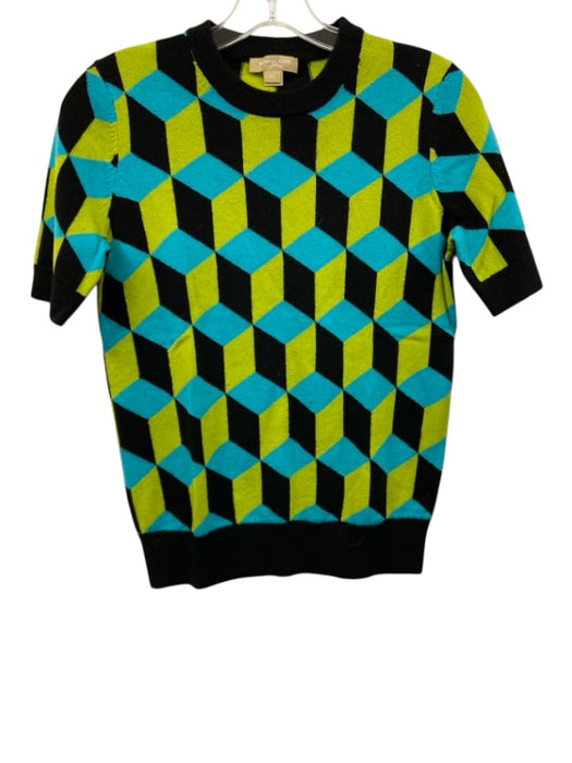 Michael Kors Collection Size XS Green Blue & Black Cashmere Geometric Knit Top Green Blue & Black / XS
