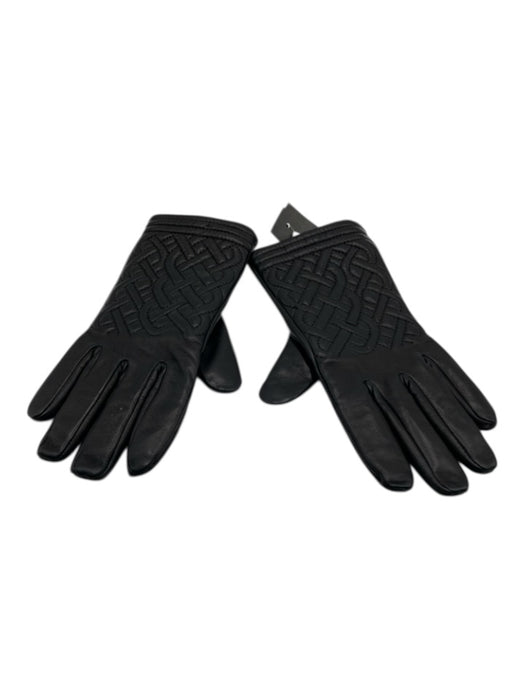 Neiman Marcus Black Leather Knit Criss Cross Stitch Detail Embroidered Gloves Black