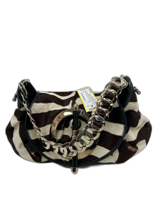 Christian Dior Dark Brown & Cream Print Cowhide Ponyhair Zebra Stripe Toggle Bag Dark Brown & Cream Print / S