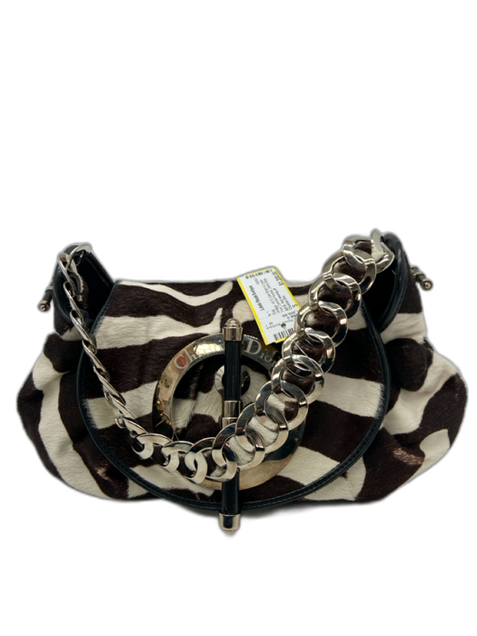 Christian Dior Dark Brown & Cream Print Cowhide Ponyhair Zebra Stripe Toggle Bag Dark Brown & Cream Print / S