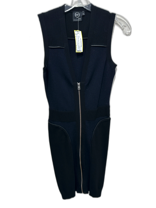 McQ by Alexander McQueen Size S Navy Blue & Black Wool Front Zip Piping Dress Navy Blue & Black / S