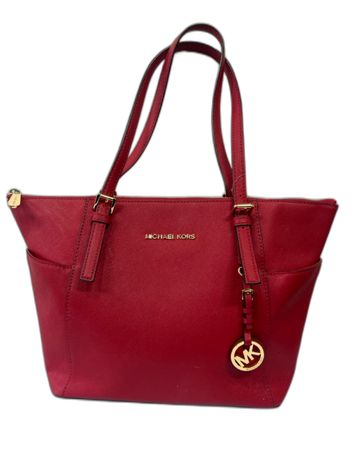 Michael Michael Kors Red Pebbled Leather Zip Top Two Straps Side Pockets Bag Red / M