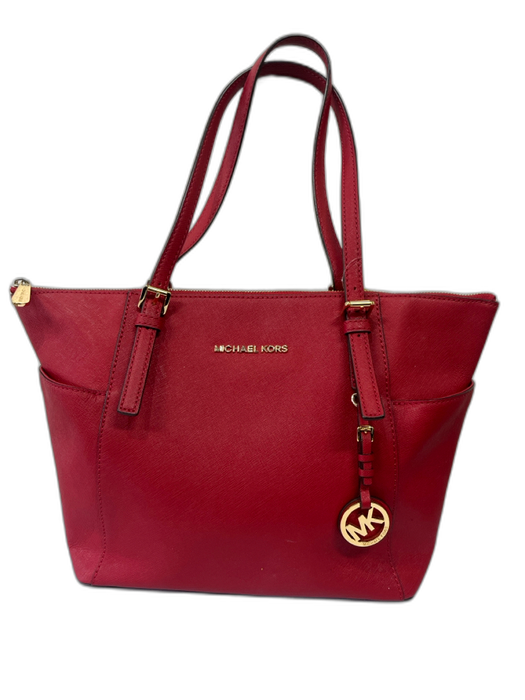 Michael Michael Kors Red Pebbled Leather Zip Top Two Straps Side Pockets Bag Red / M