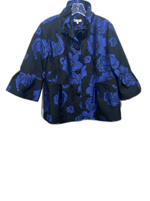 Patty Kim Size L Black & Blue Polyester Floral Embroidered High Neck Jacket Black & Blue / L