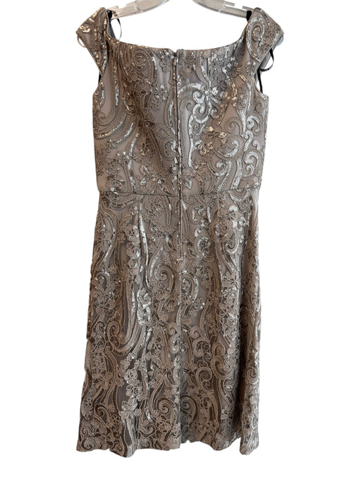 Tadashi Shoji Size 5 Brown Rayon Blend Sequin V Neck Off Shoulder Back Zip Dress Brown / 5