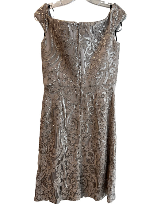 Tadashi Shoji Size 5 Brown Rayon Blend Sequin V Neck Off Shoulder Back Zip Dress Brown / 5