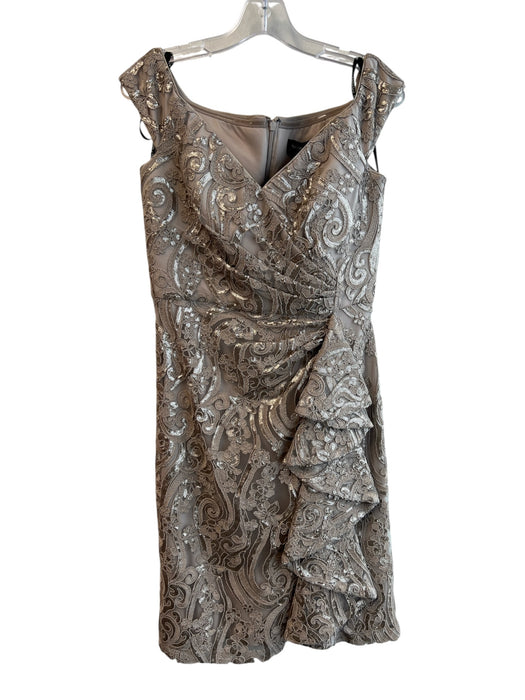 Tadashi Shoji Size 5 Brown Rayon Blend Sequin V Neck Off Shoulder Back Zip Dress Brown / 5