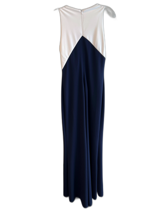Tadashi Size 6 White & Blue Polyester Sleeveless Knot Detail Round Neck Gown White & Blue / 6