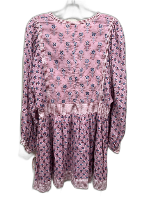 Oliphant Size L Pink & blue Cotton Floral Long Balloon Sleeve Tie Neck Dress Pink & blue / L