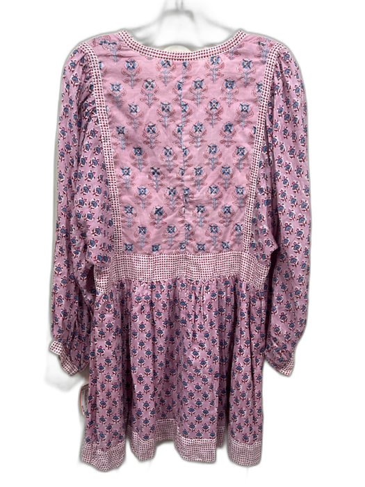 Oliphant Size L Pink & blue Cotton Floral Long Balloon Sleeve Tie Neck Dress Pink & blue / L