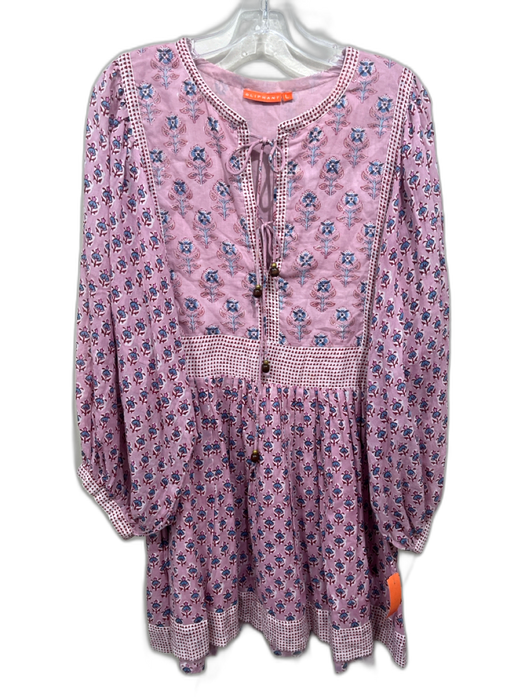 Oliphant Size L Pink & blue Cotton Floral Long Balloon Sleeve Tie Neck Dress Pink & blue / L
