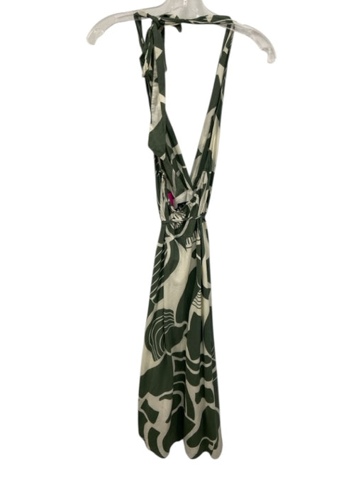 Zara Size S Cream White & Green Cotton Abstract Print Tie Neck Halter Dress Cream White & Green / S