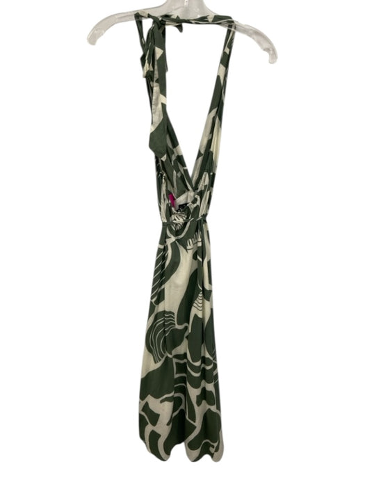 Zara Size S Cream White & Green Cotton Abstract Print Tie Neck Halter Dress Cream White & Green / S