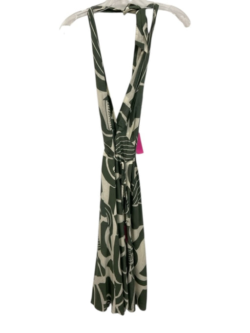 Zara Size S Cream White & Green Cotton Abstract Print Tie Neck Halter Dress Cream White & Green / S